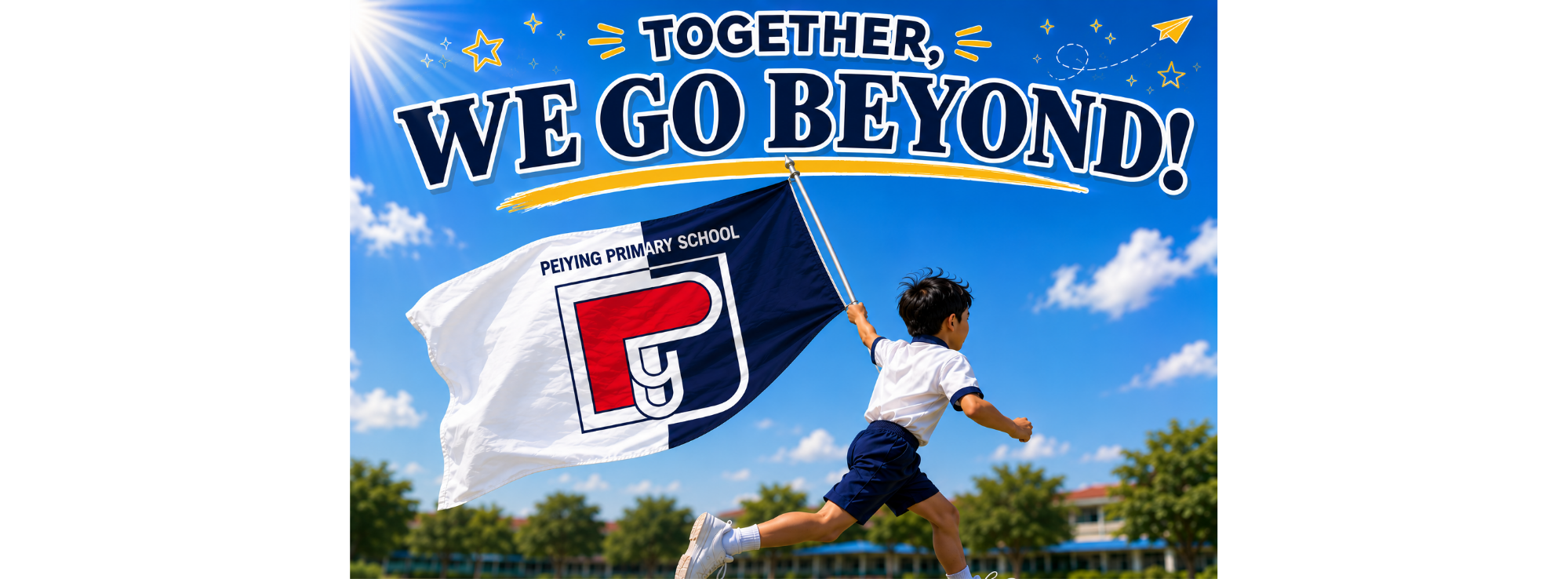 Boy running across a field holding the school's flag